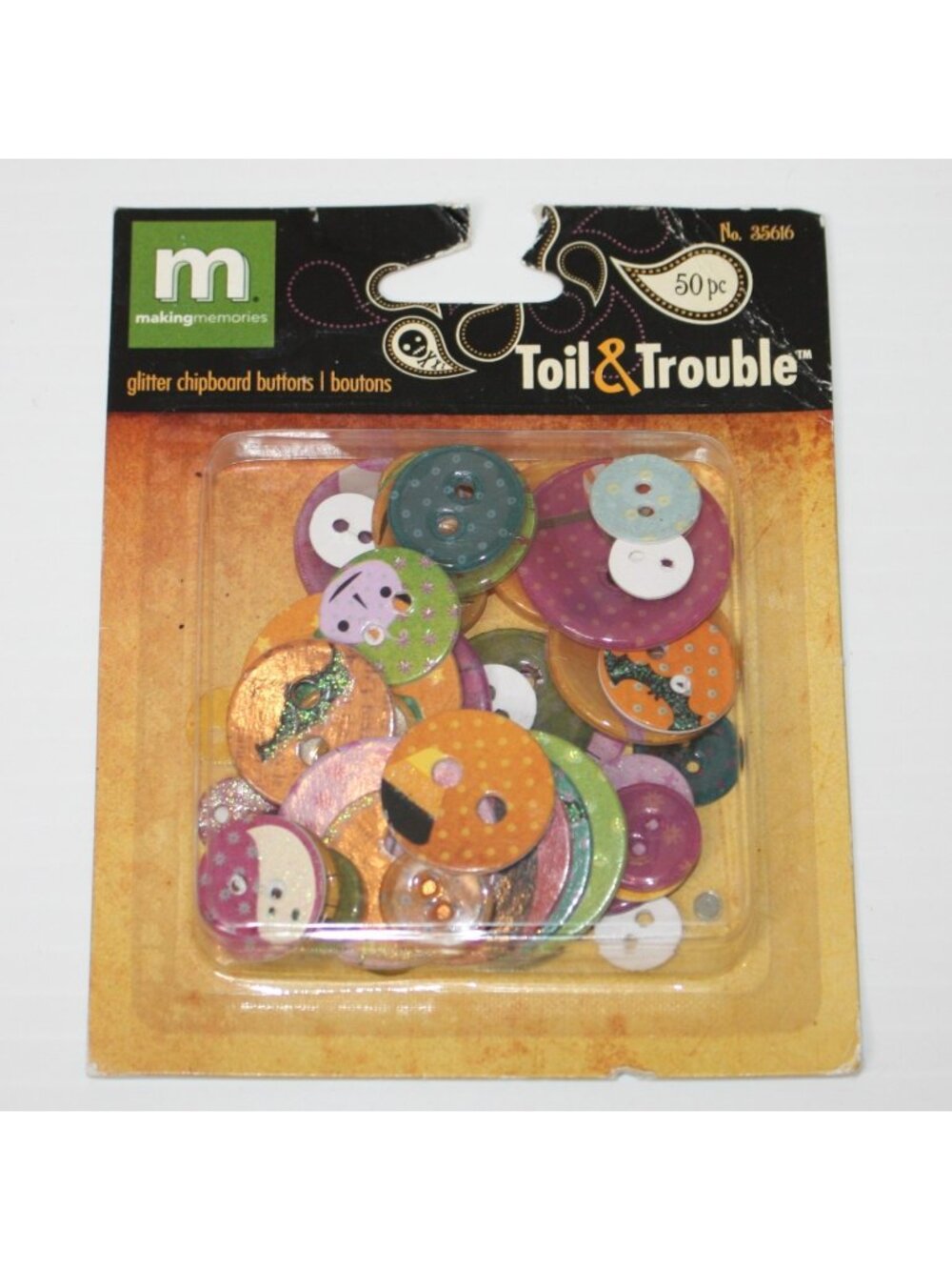 Making Memories Toil & Trouble 50pc Glitter Chipboard Buttons Halloween Crafts